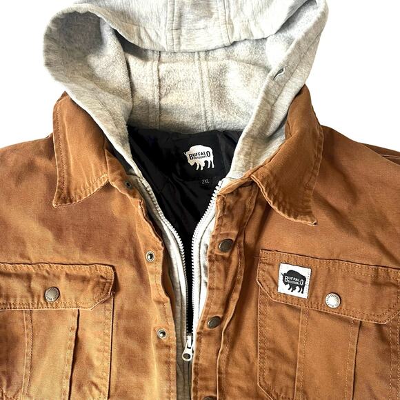 Buffalo Outdoors Men’s 2XL Brown Canvas Work Jacket w/ Gray Sweatshirt Hood - Picture 1 of 16